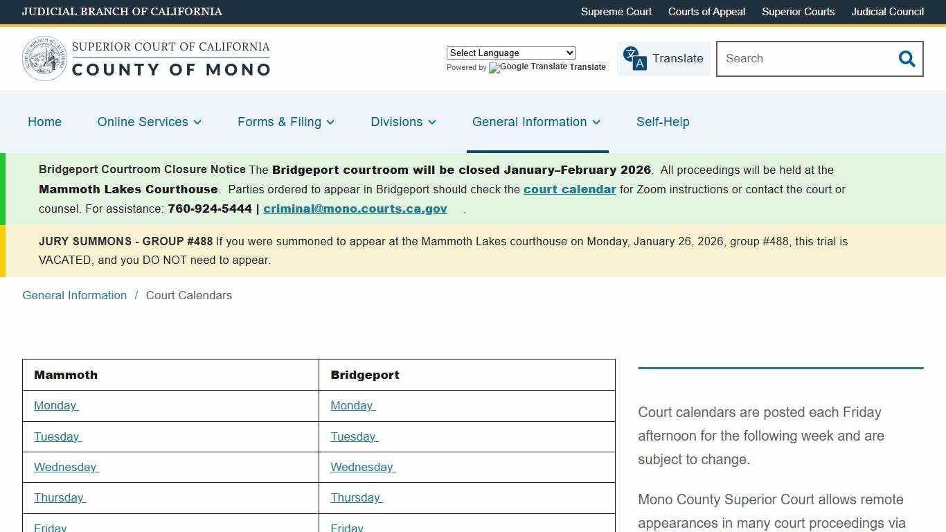 Court Calendars Superior Court of California County of Mono`