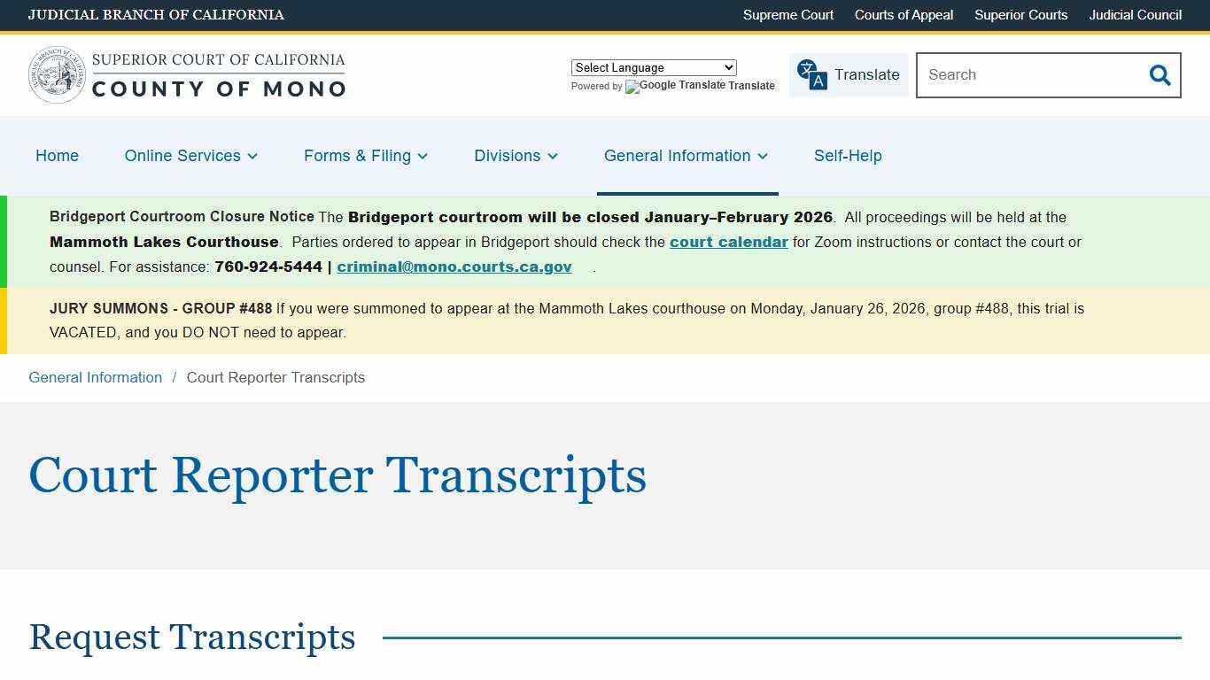 Court Reporter Transcripts Superior Court of California County of Mono`