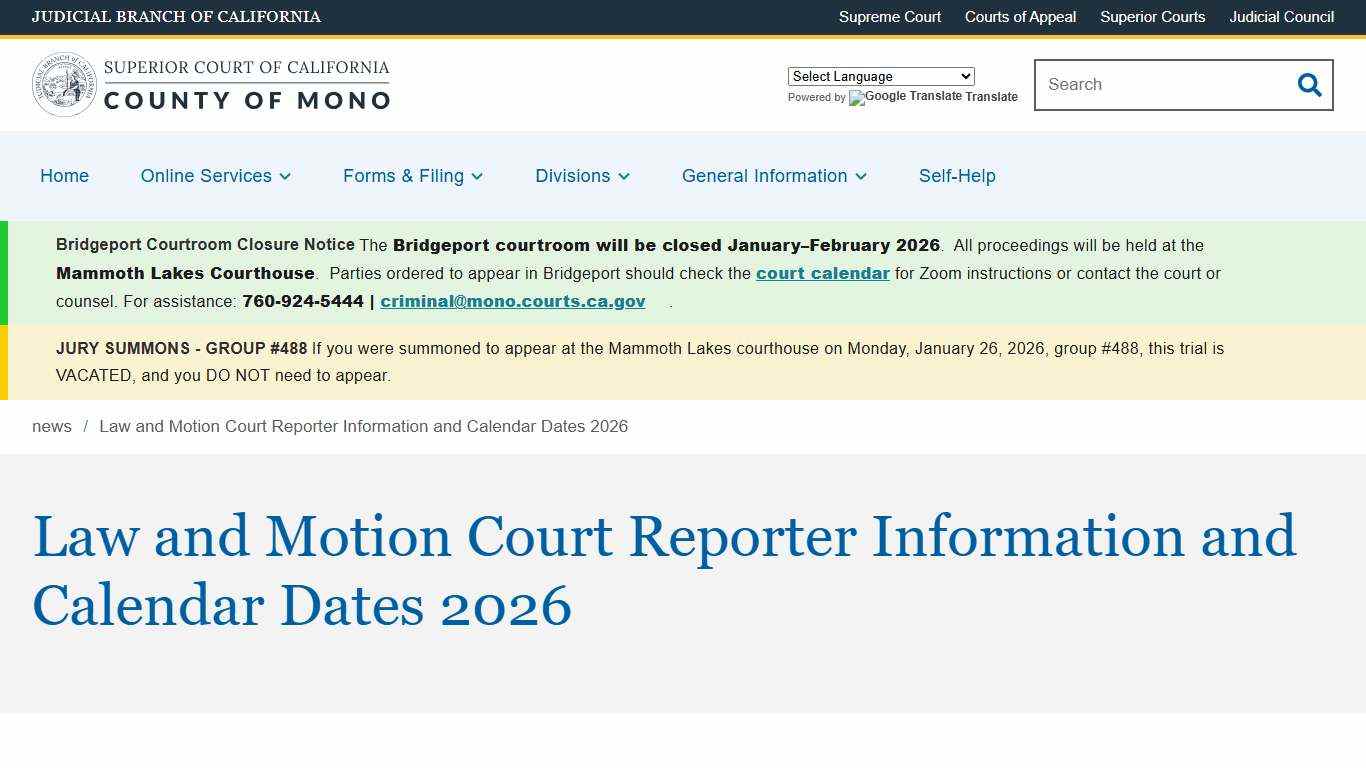 Law and Motion Court Reporter Information and Calendar Dates 2026 Superior Court of California County of Mono`