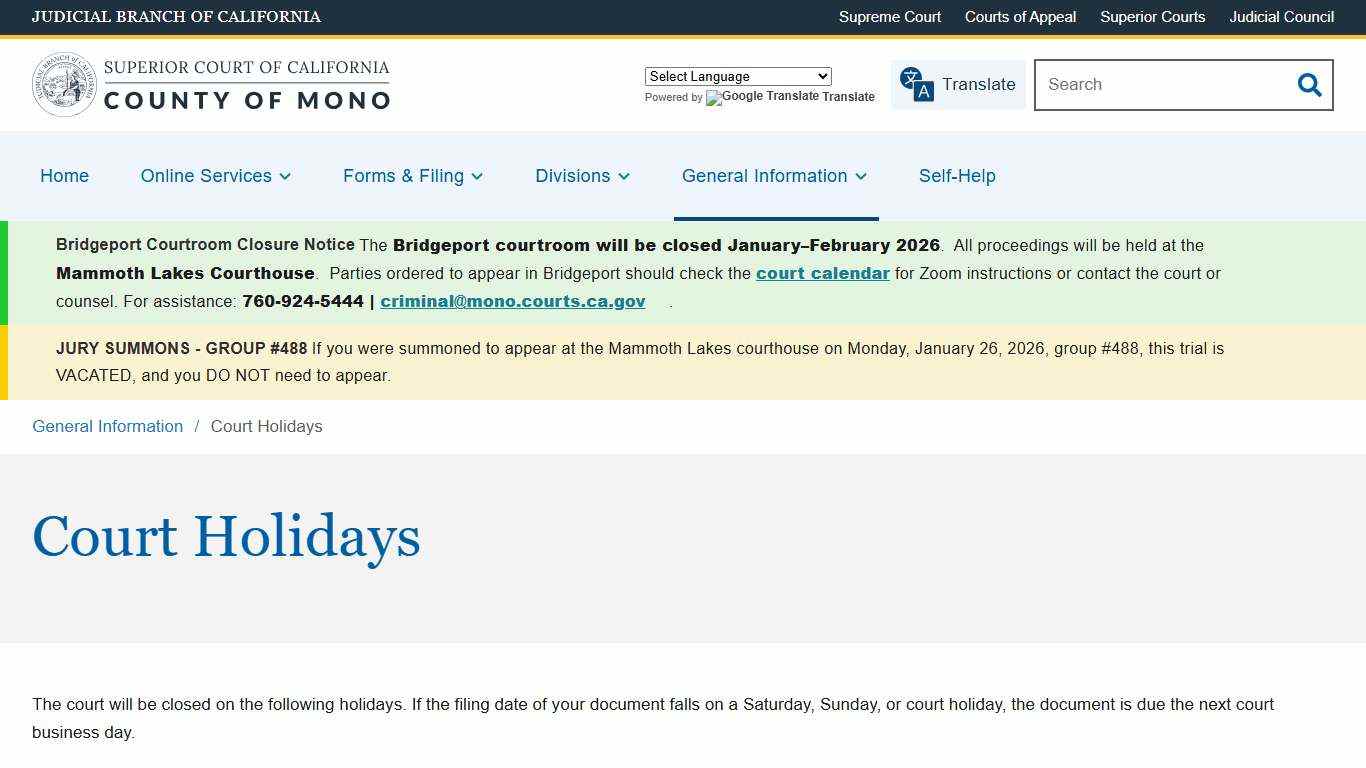 Court Holidays Superior Court of California County of Mono`