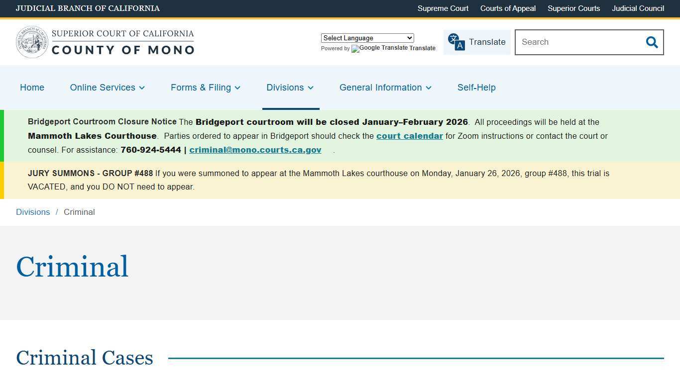 Criminal Superior Court of California County of Mono`